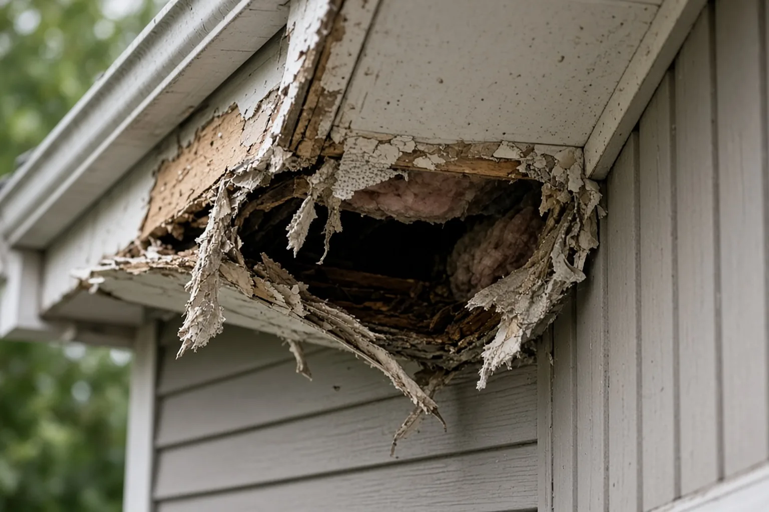 Torn soffit corner after raccoon entry