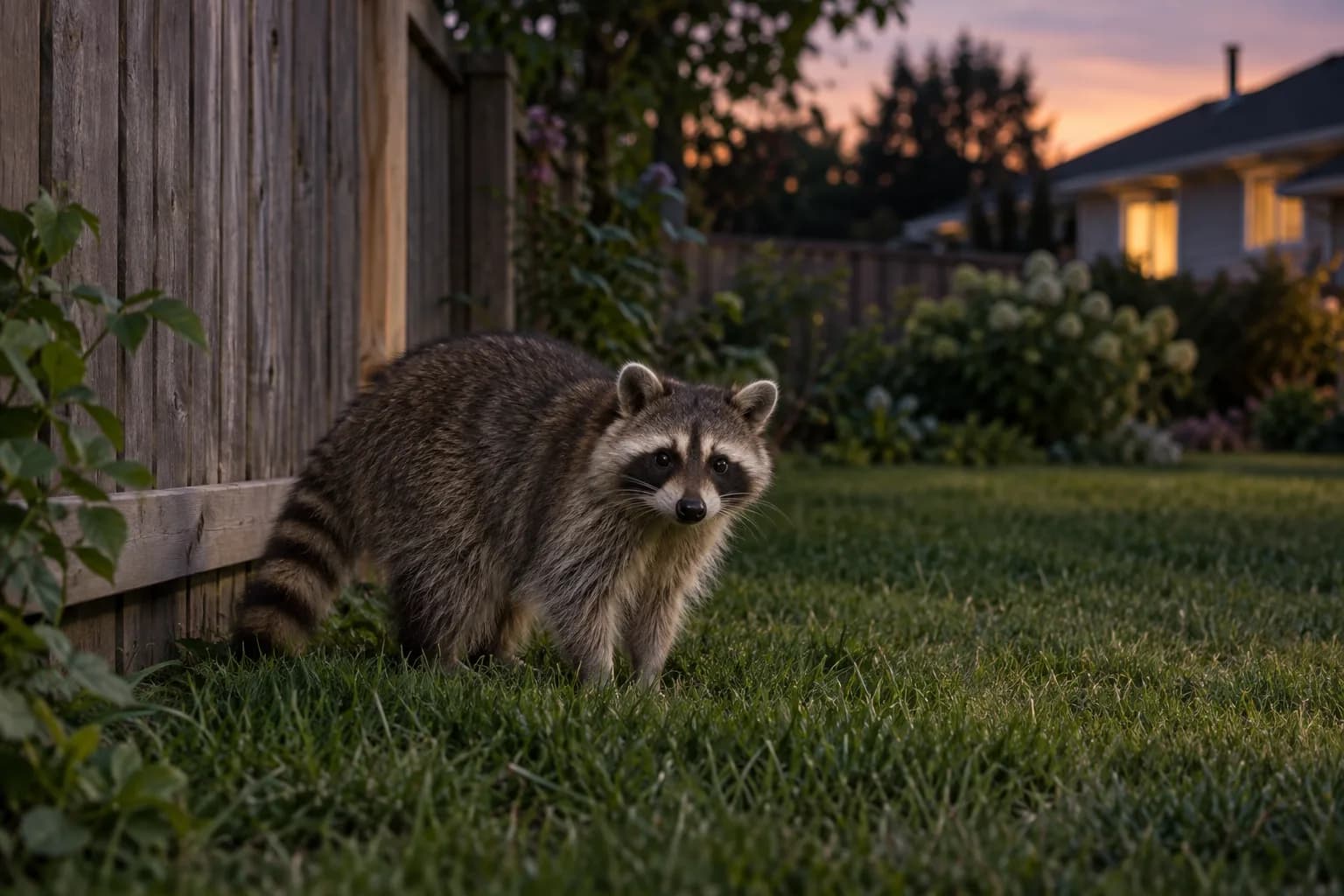 Raccoon beside a residential fence